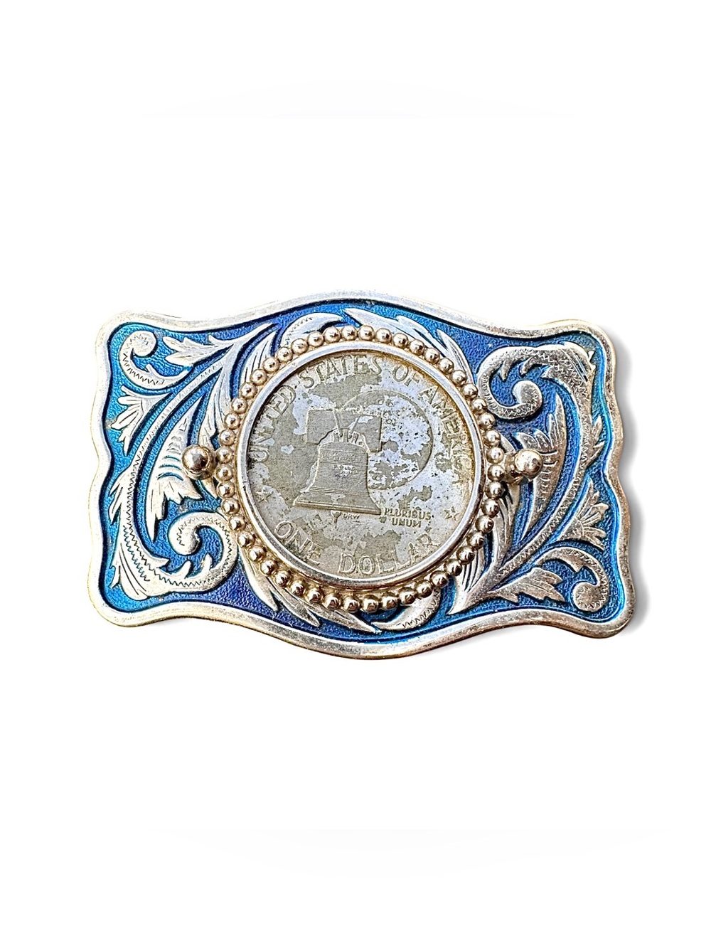Vintage Silver and Blue Enamel Belt Buckle with Coin